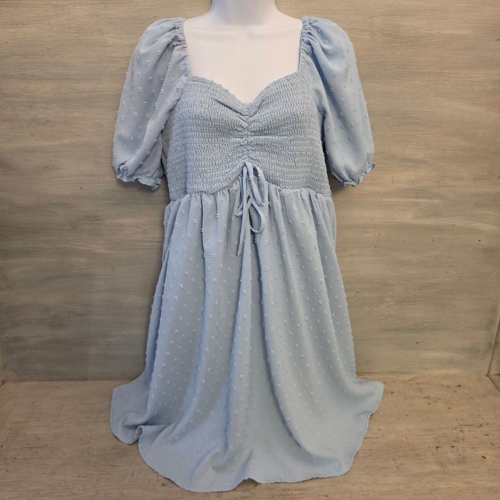 Pinup Fashion Pale Blue Swiss Dot Above Knee Baby‎ Doll Dress Size Large GC